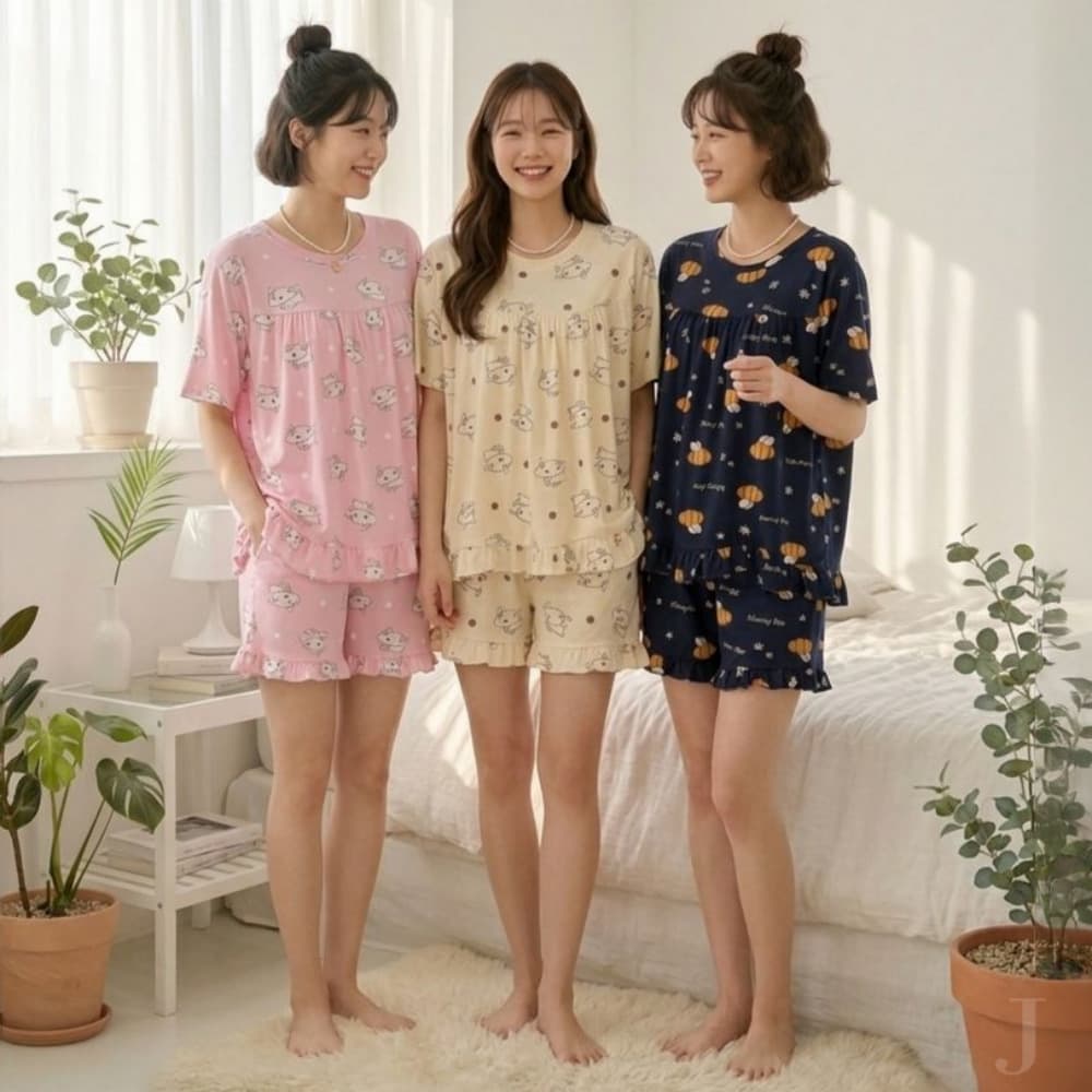 오토쇼핑 제니유 반팔 잠옷, L, 꿀벌 네이비