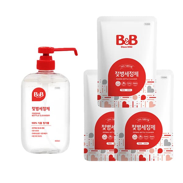 주식회사 아이앤코 비앤비 젖병세정제, 600ml, 1개 + 리필, 500ml, 3개