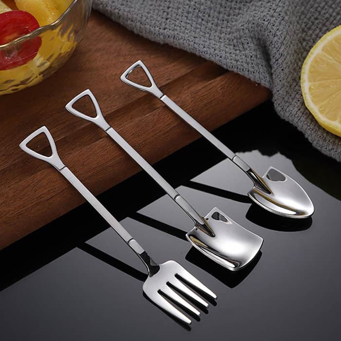 주식회사 제이케이엔터테인먼트 삽모양 디저트 스텐 스푼, 사각 3개 + 포크 3개, 6개