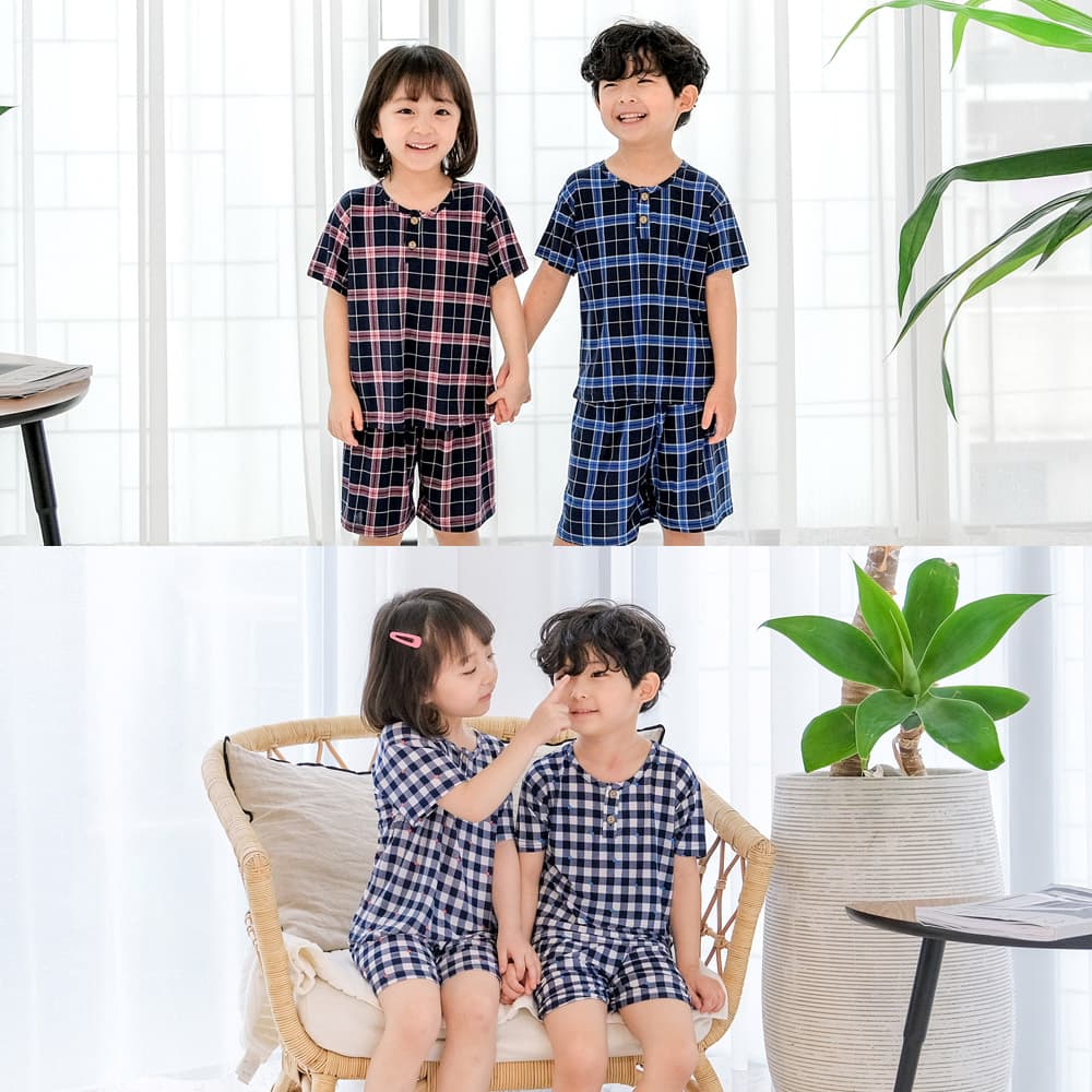 투위 2We 냉감 심플 아동 반팔 상하 세트, 체크핑크, 아동XL, 1세트