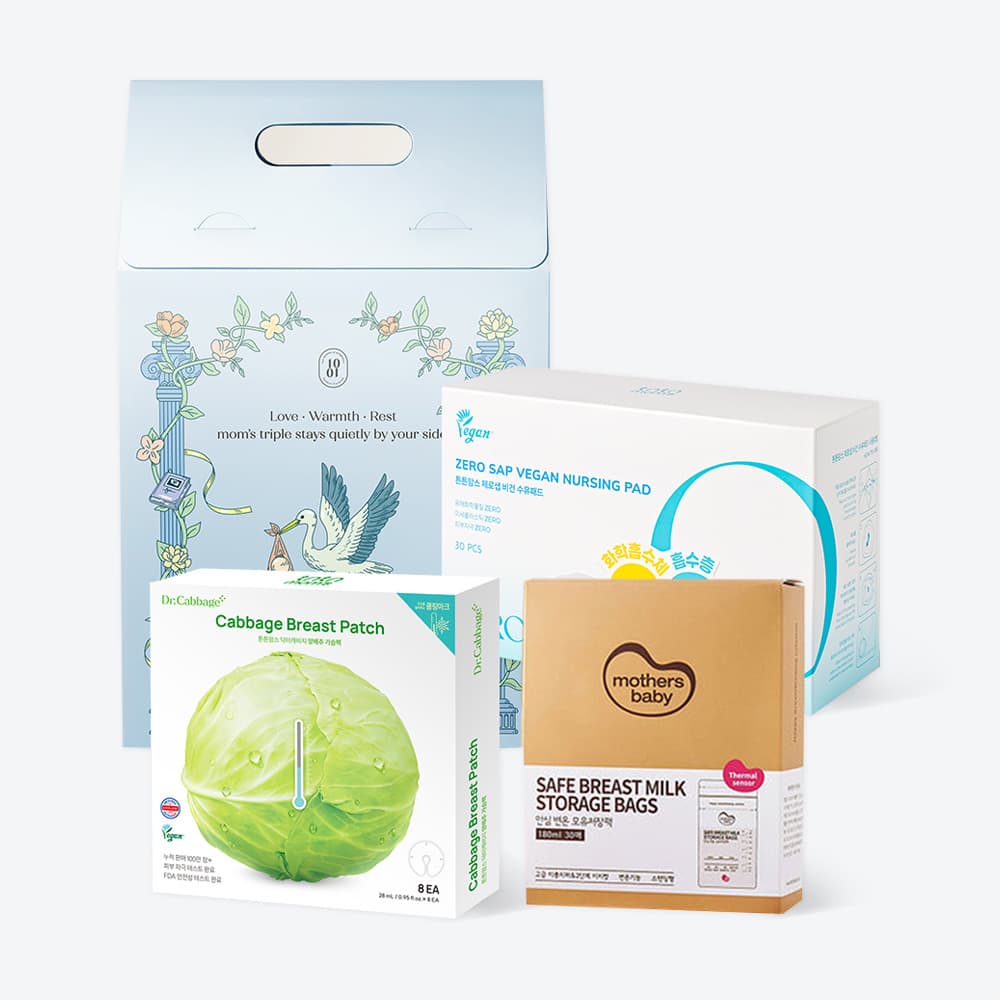 주식회사 텐박스(Tenbox Corp.) 텐박스 완전 모유수유 3총사, 양배추 가슴팩 28mL 8개, 울트라씬 수유패드 30개, 모유 저장팩 180ml 30개