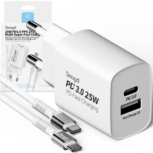 주식회사 파워컨버전스 서가 25W PD3.0 PPS 2포트 멀티 초고속 충전기, SG-PDC2500A, 화이트, 1개 + 60W PD CtoC 고급형 케이블, 1개