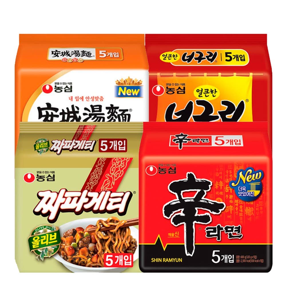 (주) 이카루스 농심 신라면, 120g, 5개 + 안성탕면, 125g, 5개 + 너구리, 120g, 5개 + 짜파게티, 140g, 5개